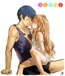  1girl aisaka_taiga brown_hair closed_eyes couple hetero imminent_kiss long_hair short_hair strap_slip takasu_ryuuji tank_top toradora! unkai_tenshi 