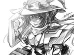  :p breasts cosmic_break crimrose greyscale hat hat_ribbon large_breasts mecha_musume monochrome ribbon scarf signature solo tongue tongue_out zerion 