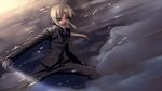  ahoge artoria_pendragon_(all) bad_id bad_pixiv_id black_gloves blonde_hair fate/zero fate_(series) formal gloves necktie pant_suit ponytail saber solo suit sweat uraomote 