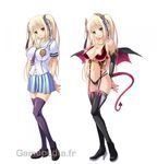  bare_shoulders blonde_hair breasts cleavage demon_girl female horns kyonyuu_majo large_breasts school_uniform schoolgirl succubus tail tenma_cecile thighhighs twintails waffle wings 