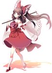  brown_eyes brown_hair detached_sleeves gohei hakurei_reimu highres long_hair ponytail roh_nam_kyung shadow simple_background solo touhou very_long_hair walking 