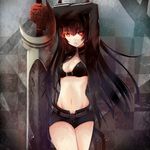  :p bikini_top black_gold_saw black_rock_shooter bone checkered checkered_background cropped_jacket dreamlight2000 fire flame horns king_saw long_hair navel red_eyes shorts star sword tongue tongue_out weapon zipper 