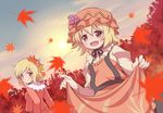  aki_minoriko aki_shizuha autumn autumn_leaves azuma_takeshi_(andon_kandelaar) blonde_hair blush brown_eyes food food_themed_clothes fruit grapes hair_ornament hat leaf leaf_hair_ornament leaf_on_head looking_back maple_leaf multiple_girls neck_ribbon open_mouth ribbon short_hair siblings sisters skirt_basket skirt_hold sky smile sun touhou yellow_eyes 