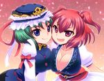  ara_(sora-ageha) asymmetrical_docking blue_eyes blush breast_press breasts cleavage green_hair hair_bobbles hair_ornament hat large_breasts multiple_girls onozuka_komachi open_mouth red_eyes red_hair shiki_eiki short_hair smile touhou two_side_up 