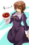  breasts brown_eyes brown_hair covered_nipples cross cross_necklace eyebrows fate/stay_night fate_(series) food forked_eyebrows genderswap genderswap_(mtf) habit impossible_clothes jewelry kotomine_kirei large_breasts mapo_doufu mijinko_(83nabe) necklace solo spoon translated 
