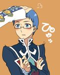  asbel_lhant bad_id bad_pixiv_id blue_eyes blue_hair blush glasses hubert_ozwell male_focus orange_background petting tales_of_(series) tales_of_graces 