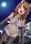  animal_ears bikini blue_door breasts brown_eyes brown_hair cleavage fangs full_moon long_hair medium_breasts moon navel open_mouth original side-tie_bikini smile solo swimsuit tail thighhighs wolf_ears wolf_tail 