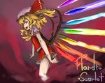  ascot blonde_hair character_name fang fingernails flandre_scarlet glowing glowing_wings hat hat_ribbon long_fingernails open_mouth rainbow_text red_eyes ribbon short_hair side_ponytail skirt skirt_set solo touhou utauinu wings 