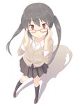  adjusting_eyewear bad_id bad_pixiv_id bespectacled black_hair black_legwear brown_eyes cardigan casual collarbone dress_shirt glasses k-on! kneehighs loafers long_hair momo_no_kanzume nakano_azusa shirt shoes skirt solo twintails 