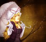  blonde_hair breasts cleavage collar dress elbow_gloves enmatime gloves hat long_hair medium_breasts red_eyes ribbon smile solo touhou umbrella white_gloves yakumo_yukari 