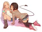  2girls :p ;) all_fours black_hair blonde_hair blue_eyes blue_shorts blush boots brown_eyes brown_footwear brown_sweater child clenched_teeth demon_tail eyebrows_visible_through_hair green_scrunchie kagamine-ikka kneeling long_hair looking_at_viewer multiple_girls one_eye_closed original pink_footwear scrunchie shirt shoes short_hair shorts simple_background sitting smile spread_legs sweater tail teeth tiny_evil tongue tongue_out v white_background white_shirt wrist_scrunchie 