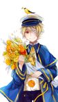  agent_no.9 animal animal_on_head bandage_over_one_eye bird bird_on_head blonde_hair bouquet flower hat highres james_(vocaloid) male_focus oliver_(vocaloid) on_head one_eye_covered sailor sailor_hat simple_background smile solo vocaloid yellow_eyes 