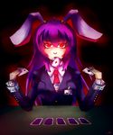  animal_ears breasts bunny_ears card card_in_mouth card_in_pocket daigada glowing glowing_eyes holding holding_card lying_card medium_breasts mouth_hold necktie playing_card poker red_eyes red_neckwear reisen_udongein_inaba solo touhou 