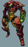  alternate_costume arm_cannon armor boots full_body gauntlets greaves gun helmet highres metroid pauldrons power_armor power_suit samus_aran sido_(slipknot) simple_background solo standing weapon 