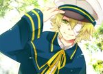  bandage_over_one_eye bandages blonde_hair eyepatch green_eyes hat hikage_sumihito male_focus oliver_(vocaloid) one_eye_covered sailor sailor_hat smile solo tree vocaloid 