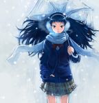  black_hair blue_eyes blue_scarf boyaking earmuffs hand_in_pocket long_hair original scarf snow solo umbrella winter winter_clothes winter_uniform 