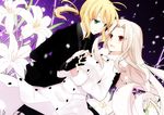  ahoge artoria_pendragon_(all) black_legwear blonde_hair blush boots coat couple eye_contact fate/zero fate_(series) flower formal gloves green_eyes holding_hands interlocked_fingers irisviel_von_einzbern kurot lily_(flower) long_hair looking_at_another multiple_girls open_mouth pant_suit pantyhose ponytail red_eyes saber short_hair smile suit thigh_boots thighhighs white_hair yuri 