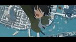  anime_coloring black_hair boat bridge cityscape falling from_above highres kusakabe_(kusakabeworks) letterboxed open_mouth original perspective river solo watercraft 