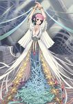 1girl arms_up bad_id bad_pixiv_id belt black_hair bob_cut bracelet breasts cape cleavage dress earrings gem jewelry large_breasts long_dress looking_at_viewer multicolored_hair necklace original pearl_necklace pink_hair purple_eyes short_hair solo standing two-tone_hair 