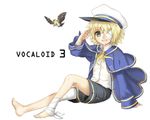  bad_id bad_pixiv_id bandages banned_artist barefoot bird blonde_hair child eyepatch feet full_body hat james_(vocaloid) male_focus nenna oliver_(vocaloid) one_eye_covered sailor salute shorts simple_background solo vocaloid yellow_eyes 