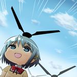  1girl b3 blue_eyes blue_hair chibi cloud day hair_ornament hairclip lowres mahou_shoujo_madoka_magica miki_sayaka open_mouth propeller school_uniform short_hair sky smile solo 