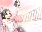  arms_behind_back black_eyes black_hair blue_eyes blue_hair cloud ds_(ndsl) hair_ornament hairclip ikeda_kana kazekoshi_school_uniform multiple_girls open_mouth pink_skirt railing saki school_uniform short_hair skirt sky smile touyoko_momoko 