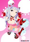  amemiya_akira animal_ears bat_wings boots bubble_filter cat_ears collar cosplay elbow_gloves from_above gloves hair_ornament hairband hairpin idolmaster idolmaster_(classic) kneeling long_hair nightmare_blood official_art pink_eyes shijou_takane silver_hair solo thigh_boots thighhighs wings 