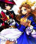  1girl apron black_hair blue_dress blue_eyes bow brother_and_sister brown_hair c_(rahit) card cleavage_cutout code_geass code_geass:_nunnally_in_wonderland corset dress falling_card gloves hair_bow hair_ornament hat heart heart_cutout holding_hands jacket lelouch_lamperouge light_smile long_hair necktie nunnally_lamperouge open_eyes playing_card purple_eyes short_dress siblings waist_apron waistcoat white_gloves 