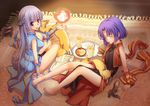  bare_legs barefoot book breasts cleavage closed_eyes feet fire fireball food fox grey_hair kawagoe_pochi medium_breasts multiple_girls professor_(ragnarok_online) purple_eyes purple_hair ragnarok_online shoes_removed sleeping smile 