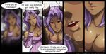  absurdres blur blurry blush breasts breath cleavage close-up comic dark_skin demon_girl highres horns large_breasts magion02 pov purple_hair red_eyes smile solo sweater 
