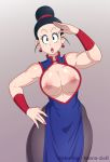  1girl areolae bare_shoulders black_eyes black_hair breasts breasts_outside chi-chi_(dragon_ball) curvy dragon_ball large_breasts looking_at_viewer nipples open_mouth solo standing toshkarts wide_hips 