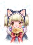  animal_ears bell blonde_hair blush bow cat_ears fake_animal_ears food food_in_mouth fur_trim hair_bobbles hair_ornament irui_guneden jingle_bell looking_at_viewer mouth_hold nakamura_kanko solo super_robot_wars taiyaki twintails wagashi yellow_eyes 