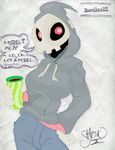  anthro big_breasts breasts clothed clothing dialog dialogue duskull female hoodie king-cheetah mask nintendo oekaki pok&#233;mon pok&eacute;mon red_eyes shonx skull_mask solo text video_games 