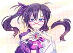  aisha_(elsword) bad_id bad_pixiv_id blue_eyes bow elemental_master_(elsword) elsword glasses hair_ribbon long_hair mikagi-qo multicolored multicolored_eyes pink_bow purple_eyes purple_hair red-framed_eyewear ribbon smile solo split_screen split_theme star twintails void_princess_(elsword) 