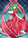  bad_id bad_pixiv_id bow checkered checkered_background dress front_ponytail green_eyes green_hair hair_bow kagiyama_hina long_hair marker_(medium) shiyun skirt_hold solo touhou traditional_media 