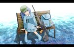  backpack bag bench blue_eyes blue_hair gun hair_bobbles hair_ornament hat head_tilt heckler_&amp;_koch jewelry kawashiro_nitori key letterboxed lock pendant psg-1 rifle sitting sniper_rifle solo tomon_(slash0410) touhou two_side_up weapon 