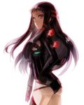  ar_tonelico ar_tonelico_ii ass backlighting black_hair black_legwear breasts cowboy_shot expressionless flat_ass from_side gloves hand_on_hip jakuri leotard long_hair looking_at_viewer looking_back multicolored_hair purple_eyes shion_(kizuro) sidelocks simple_background small_breasts solo streaked_hair striped thighhighs two-tone_hair underboob underboob_cutout vertical_stripes very_long_hair white_background 