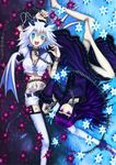  2girls :p absurdres bare_legs belly_piercing belt breasts chains cleavage collar dress feet flower highres legs midriff monster_girl multiple_girls navel navel_piercing piercing plant plants purple_eyes purple_hair samael_(5211) samael_2 scar shorts stitches tattoo thighhighs tongue tongue_out white_hair wings 
