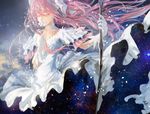  archlich bow_(weapon) closed_eyes dress flower gloves hair_ribbon kaname_madoka long_hair mahou_shoujo_madoka_magica pink_hair ribbon rose sky solo space spoilers star_(sky) starry_sky two_side_up ultimate_madoka weapon white_flower white_gloves white_rose 