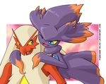  blaziken blue_eyes couple duo female male mismagius nintendo one_eye_closed open_mouth orange orange_body pequedark-velvet pok&#233;mon pok&eacute;mon purple purple_body red video_games wink yellow_sclera 