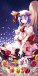  bad_id bad_pixiv_id blue_hair cup dress fang flower hat highres kneeling orange_flower orange_rose petals pink_flower pink_rose red_eyes red_flower red_rose remilia_scarlet ribbon rose shooting_star sky solo star_(sky) starry_sky tajador tea teacup touhou white_flower white_rose yellow_flower yellow_rose 