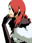  bad_id bad_pixiv_id bodysuit fur hair_over_one_eye kirijou_mitsuru lipstick long_hair makeup persona persona_3 persona_4:_the_ultimate_in_mayonaka_arena red_eyes red_hair restaint simple_background solo 