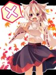  animal_ears bad_id bad_pixiv_id cross detached_sleeves dialogue_box fang floral_background hat highres inubashiri_momiji leaf maple_leaf midriff open_mouth pointing red_eyes s-syogo short_hair skirt solo spoken_x tokin_hat touhou white_hair wolf_ears 