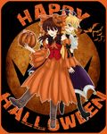  ascot bat blonde_hair bow braid brown_hair candy detached_sleeves dress food gloves hair_bow hair_tubes hakurei_reimu halloween happy_halloween highres jack-o'-lantern kirisame_marisa long_hair moon multiple_girls namuro open_mouth orange_dress pumpkin red_eyes skirt smile touhou wings yellow_eyes yukkuri_shiteitte_ne 