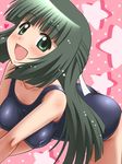  awa blush breasts green_eyes green_hair hair_ribbon hidamari_sketch large_breasts long_hair one-piece_swimsuit ribbon school_swimsuit solo star swimsuit yoshinoya 