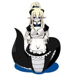  apron blonde_hair blue_eyes blush crossed_arms horns lamia maid maid_apron monster_girl multi_arm multi_limb multiple_arms new_years_(artist) pointy_ears white_hair 