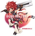  2011 belt black_gloves dated elsword elsword_(character) esther_sheep fingerless_gloves gloves huge_weapon long_hair male_focus messy_hair midriff pants red_eyes red_hair shoes smile solo sword weapon 