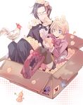  alois_trancy animal bird black_hair blonde_hair blue_eyes boots box cardboard_box chick chicken claude_faustus glasses in_box in_container kuroshitsuji multiple_boys short_hair thighhighs yamada_ako 