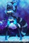  arm_markings blue blue_eyes blue_hair blue_nose blue_theme body_markings breasts claws cleavage clothed clothing cool_colors facial_markings female fluffy_tail giant glowing glowing_claws glowing_markings glowing_nose hair hindpaw leg_markings long_hair looking_at_viewer markings moon nails navel night paws skimpy sky solo standing stars tail tofu93 unknown_species water 