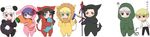  4girls :t animal_costume artoria_pendragon_(all) b-cat black_eyes black_hair blonde_hair blue_eyes brown_hair bunny_costume carrot cat_costume chibi crest_worm fate/zero fate_(series) fish gae_buidhe gae_dearg gilgamesh heterochromia highres illyasviel_von_einzbern lancer_(fate/zero) lion_costume long_image matou_kariya matou_sakura mole mole_under_eye multiple_boys multiple_girls panda_costume polearm purple_eyes purple_hair red_eyes saber spear tears toosaka_rin wavy_mouth weapon white_hair wide_image wolf_costume yellow_eyes 